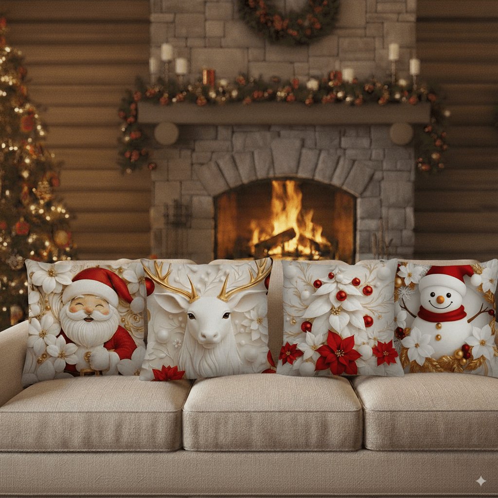 Kit 4 Capas de Almofada Natal 40x40cm Sublimada com Zíper Decoração Sofá, Cama e Sala Micropercal