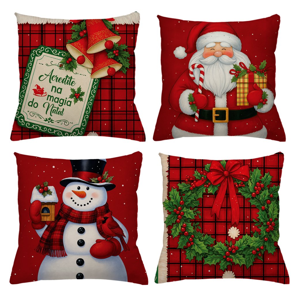 KIT 4 CAPAS DE ALMOFADAS DECORATIVAS NATAL PAPAI NOEL  FELIZ NATAL  - TAMANHO 45X45
